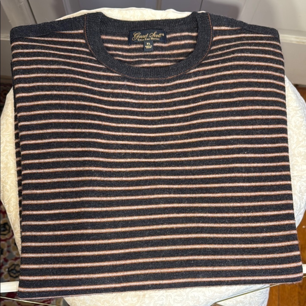 Garret Scott Men's Striped Heather Gray, Tan and Red Striped Merino Wool Sweater